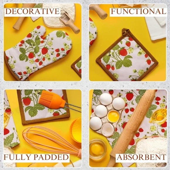 Muldale Oven Mitt and Kitchen Towel Set. Strawberry Dish and Pot Holders. - Picture 9 of 10
